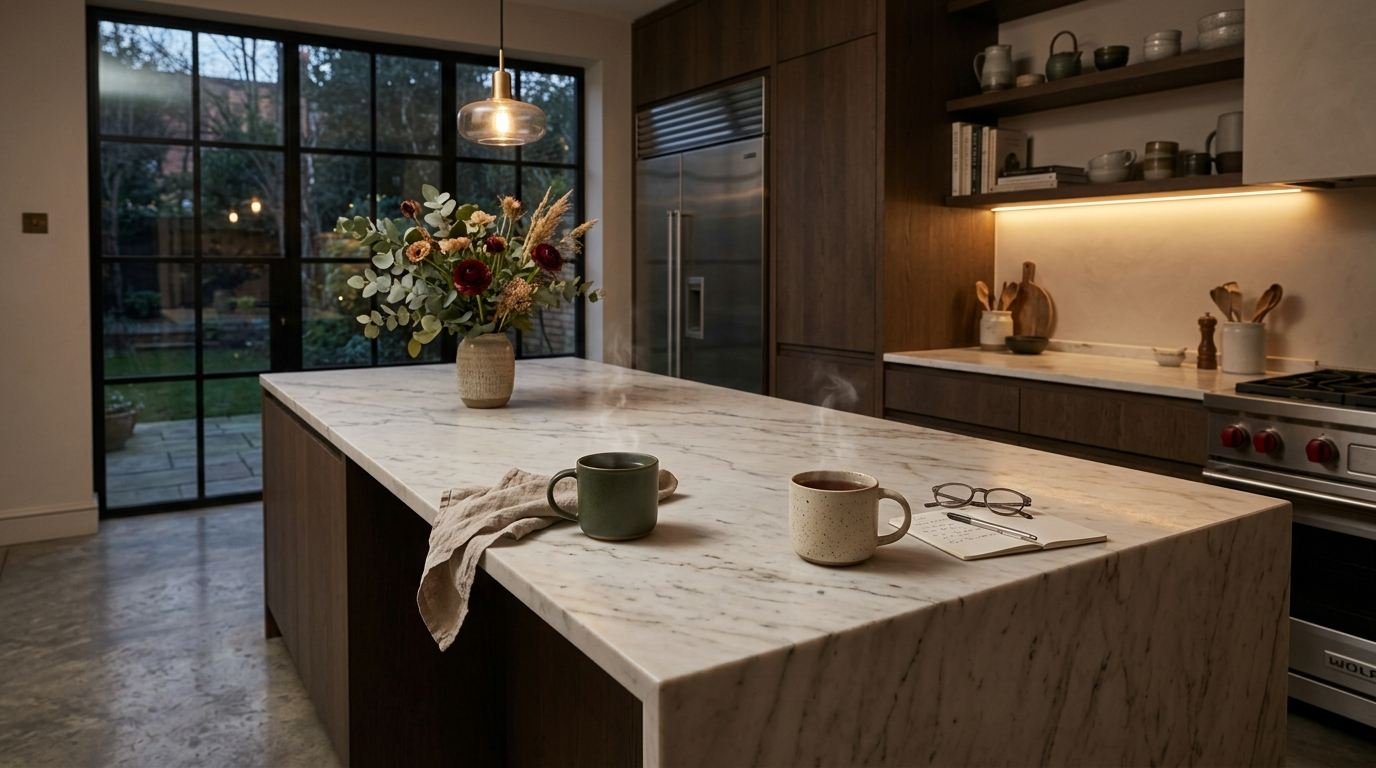 Two cups of tea on the kitchen island