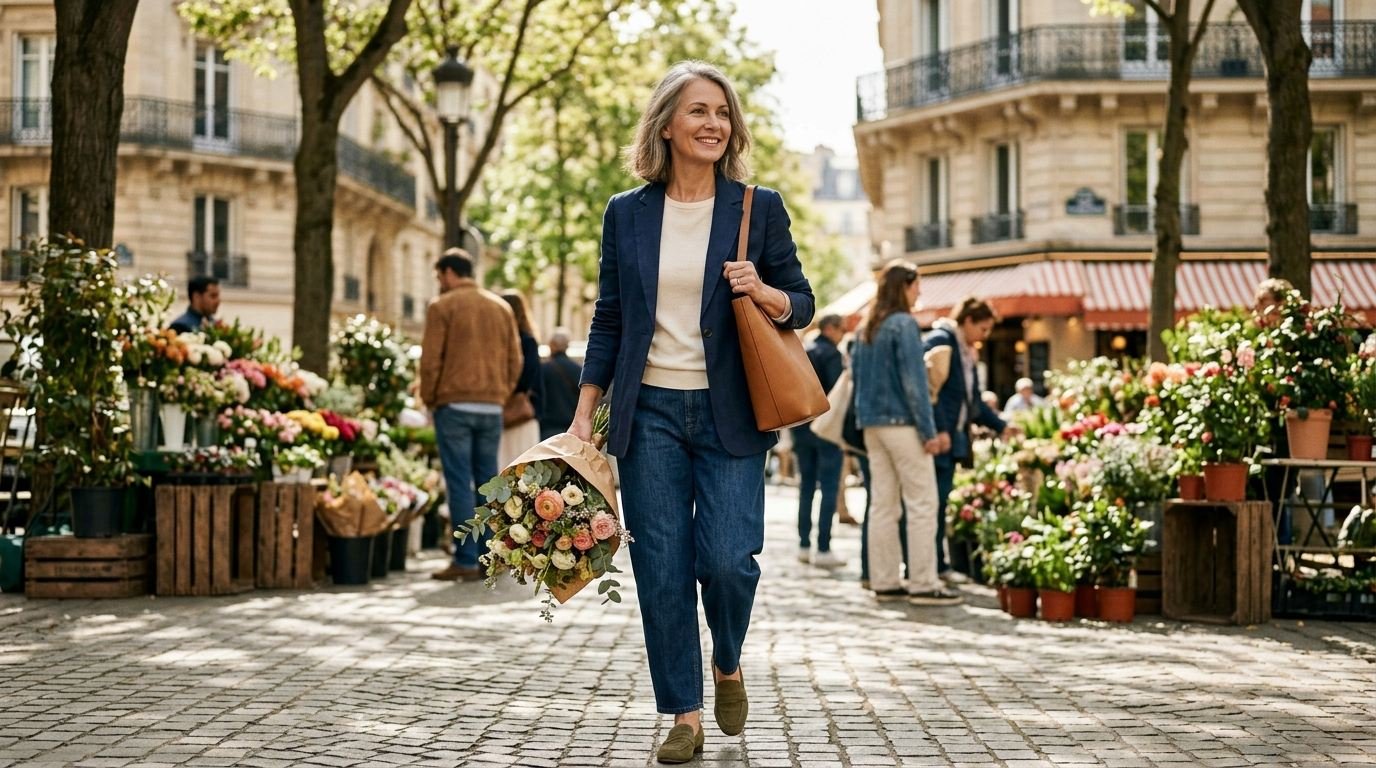 A woman walking through a flower market