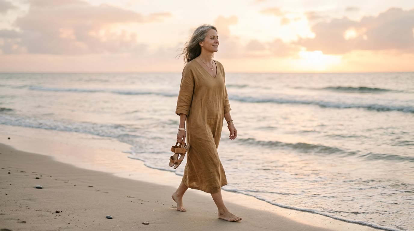 A woman walking on the beach at sunrise