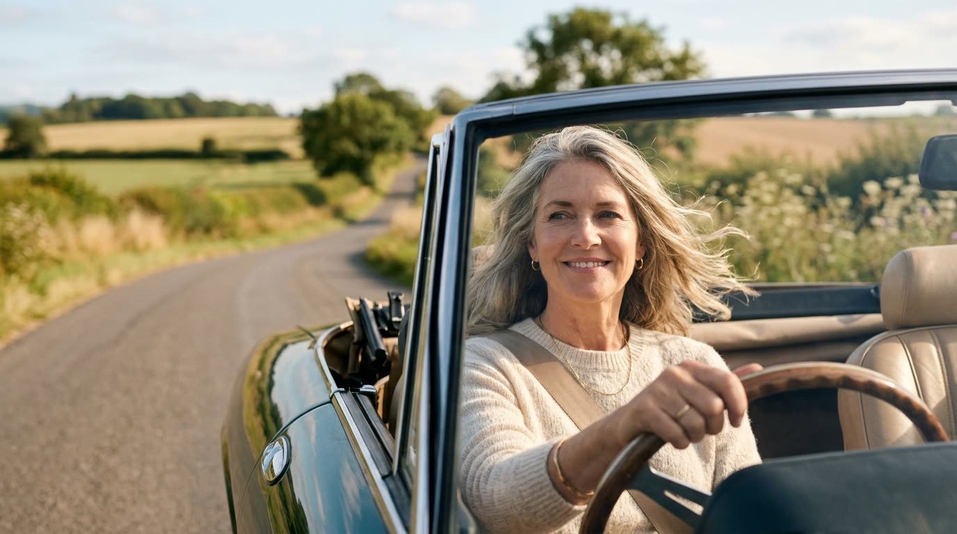 A woman smiling as she drives down a country road