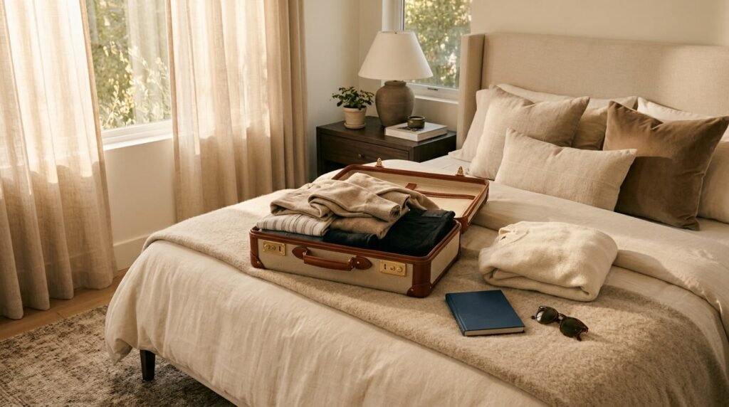A suitcase being packed on a bed