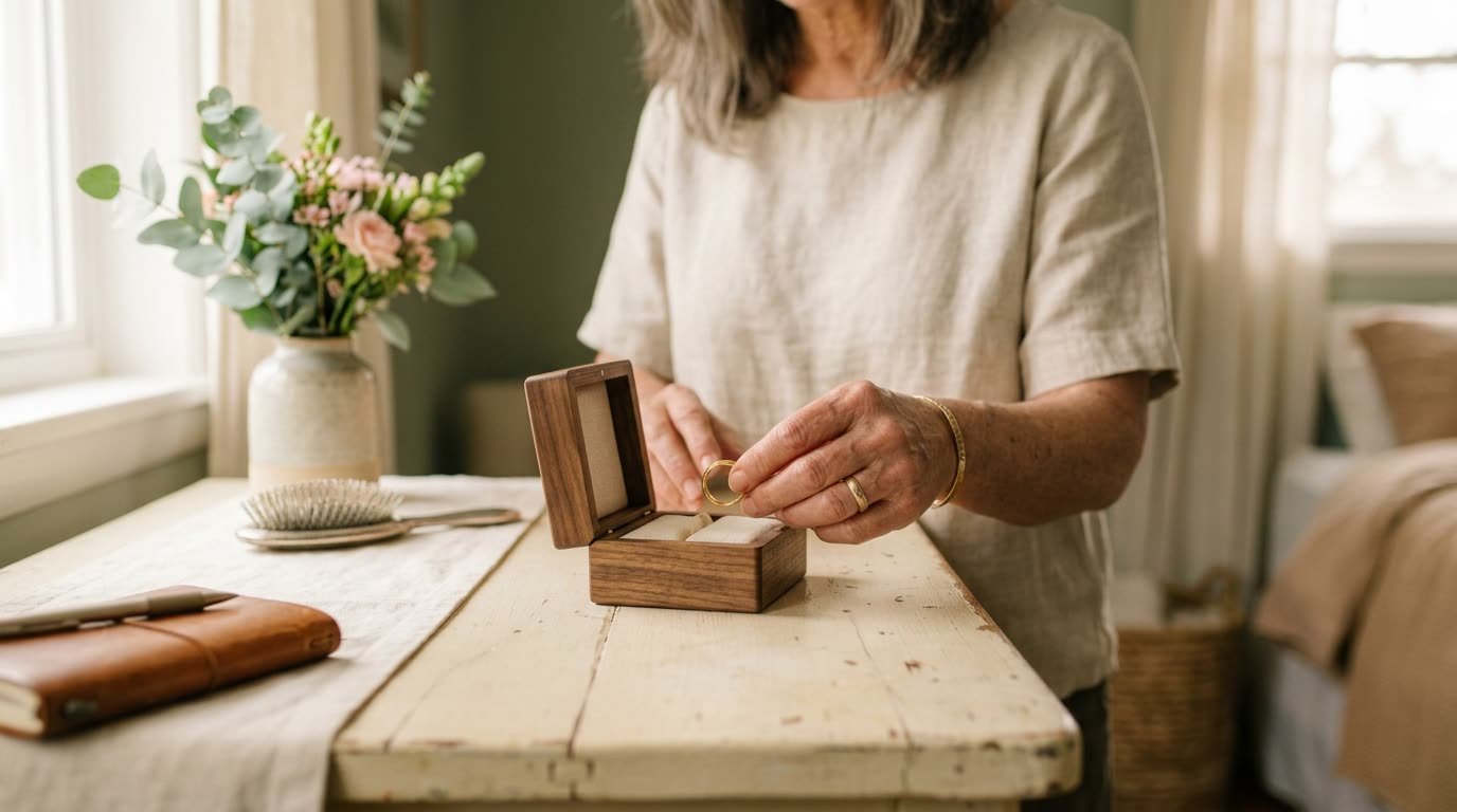 A woman placing her wedding ring into a small wooden box