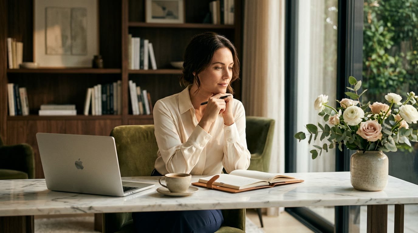 A woman writing at her desk
