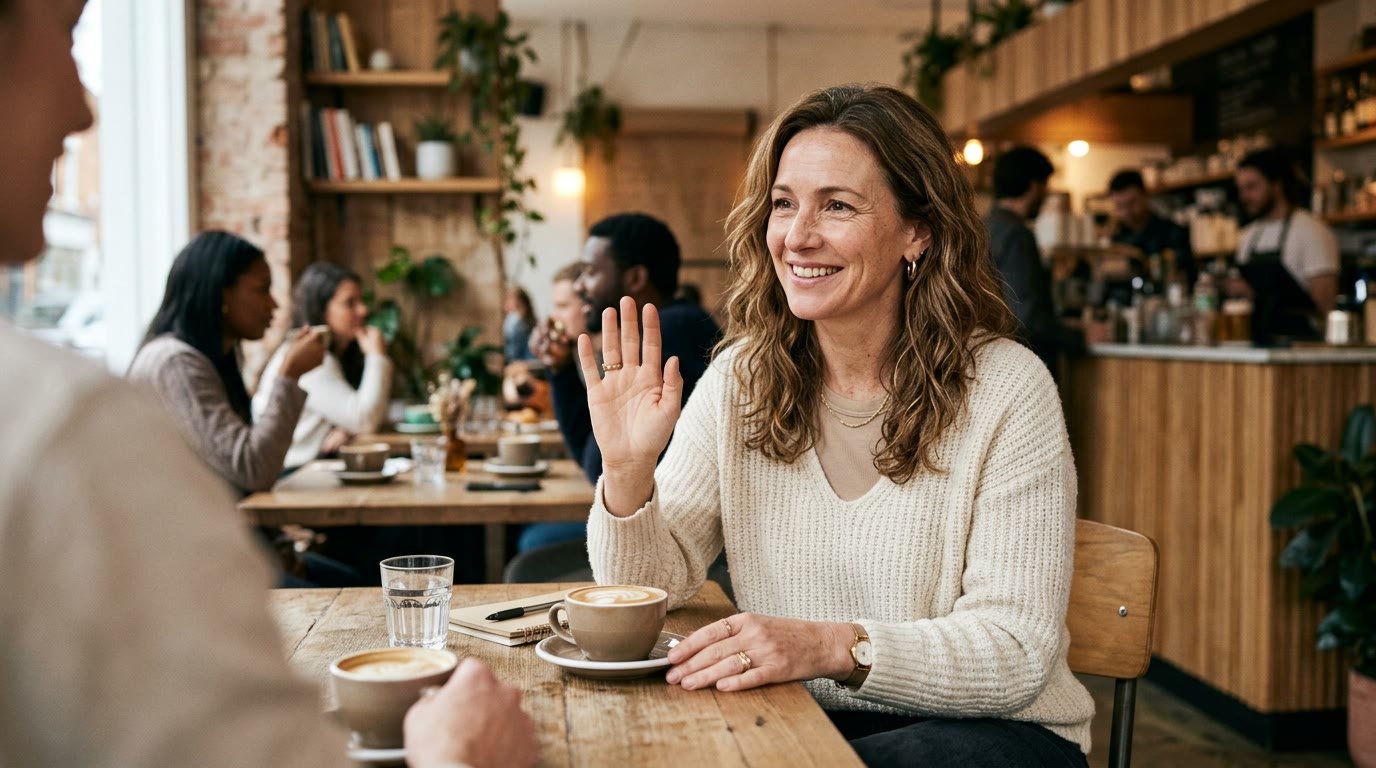 A smiling woman at a café