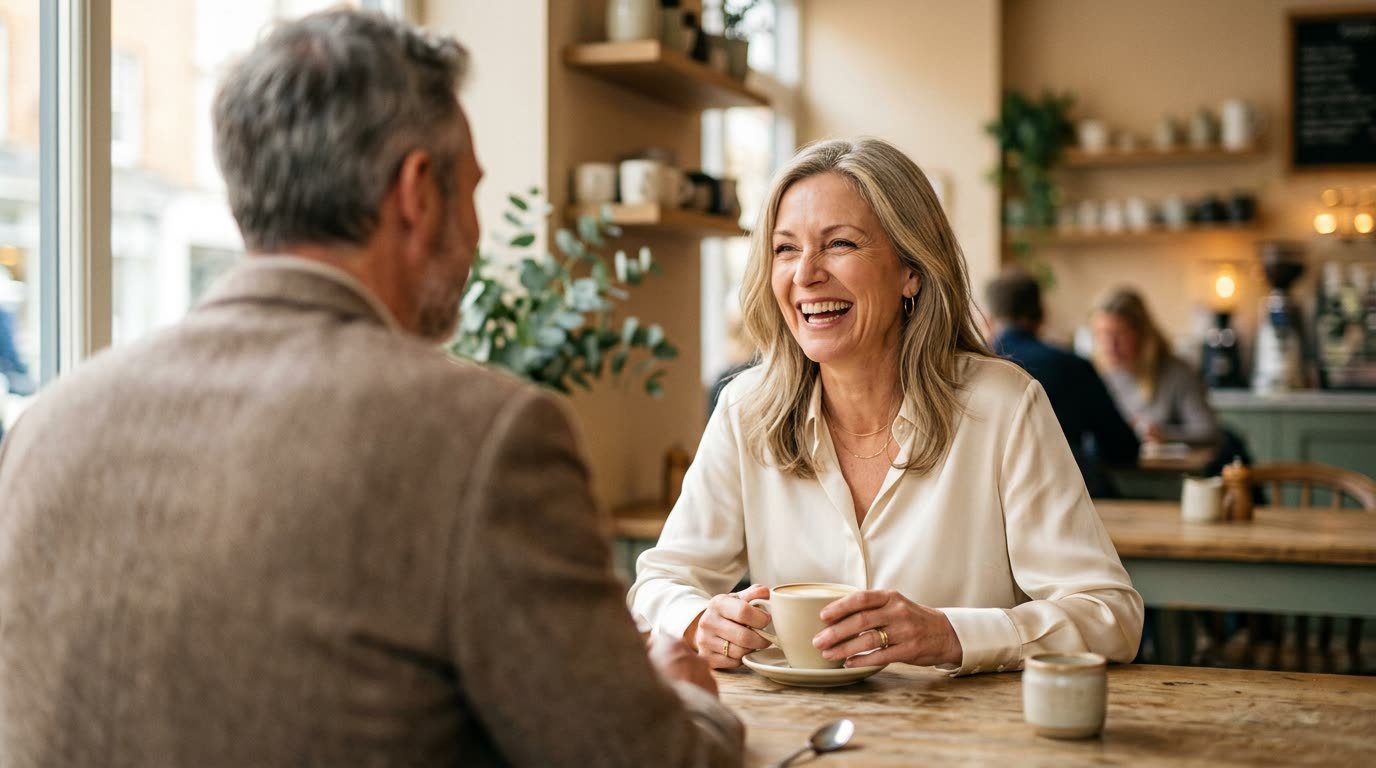 A woman laughing on a coffee date