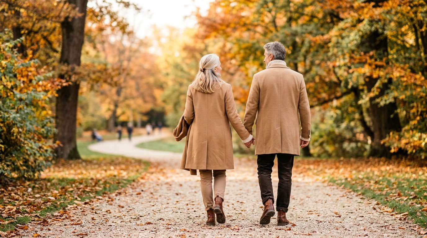 A couple walking through an autumn park