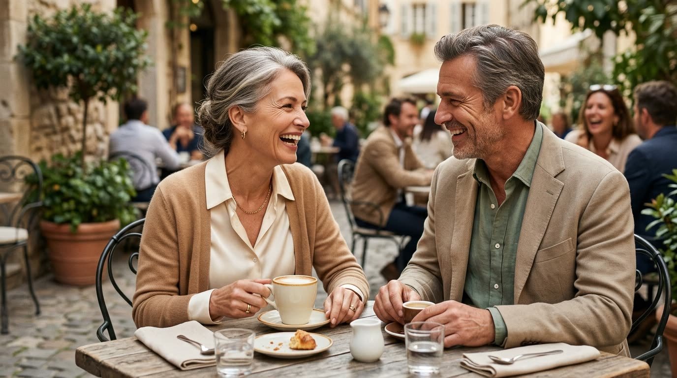 A couple laughing together at a café