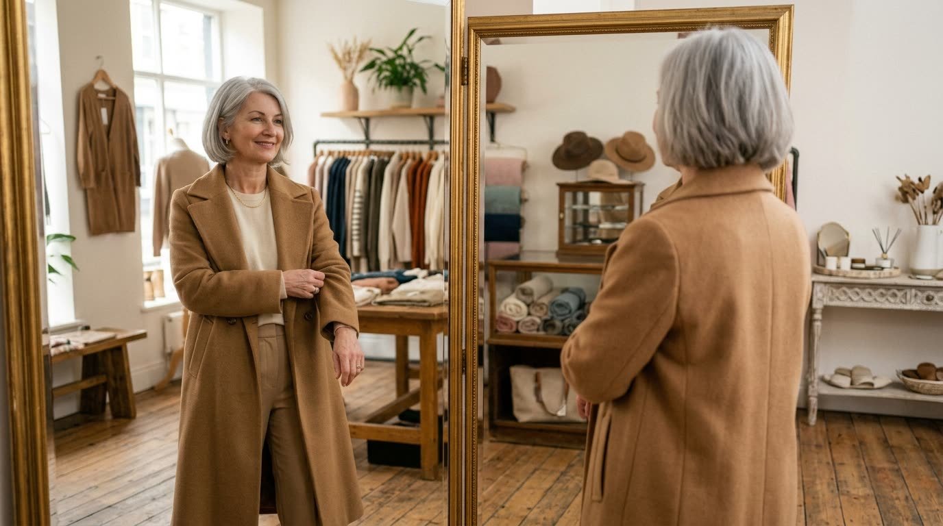 A woman trying on a new coat in a boutique