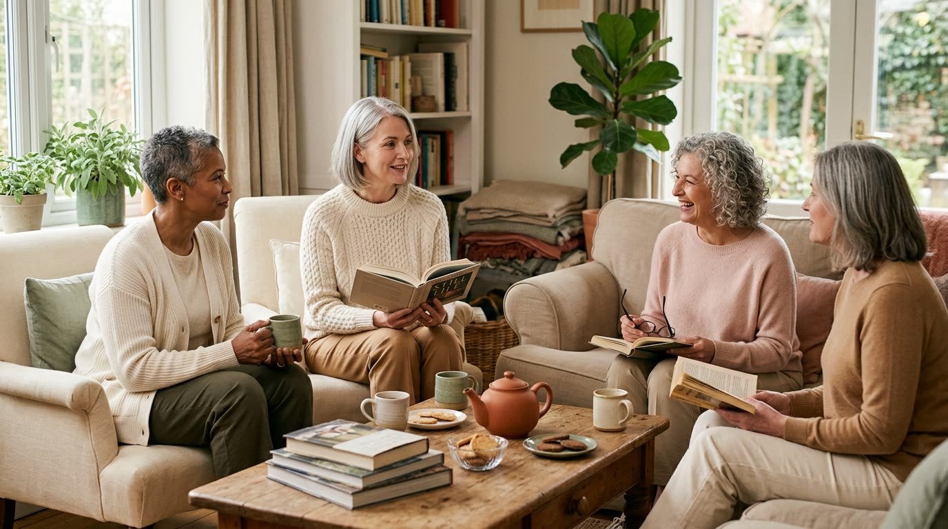 Women chatting at a bright book club