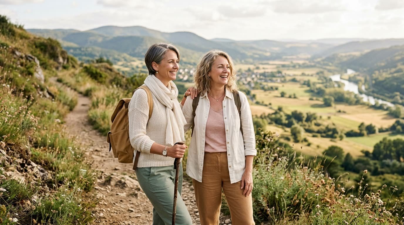 Two friends hiking on a sunny hillside