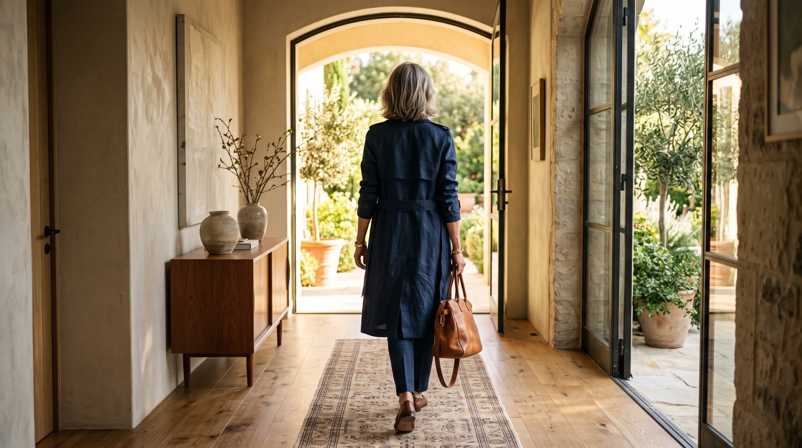 A woman walking toward a bright open doorway