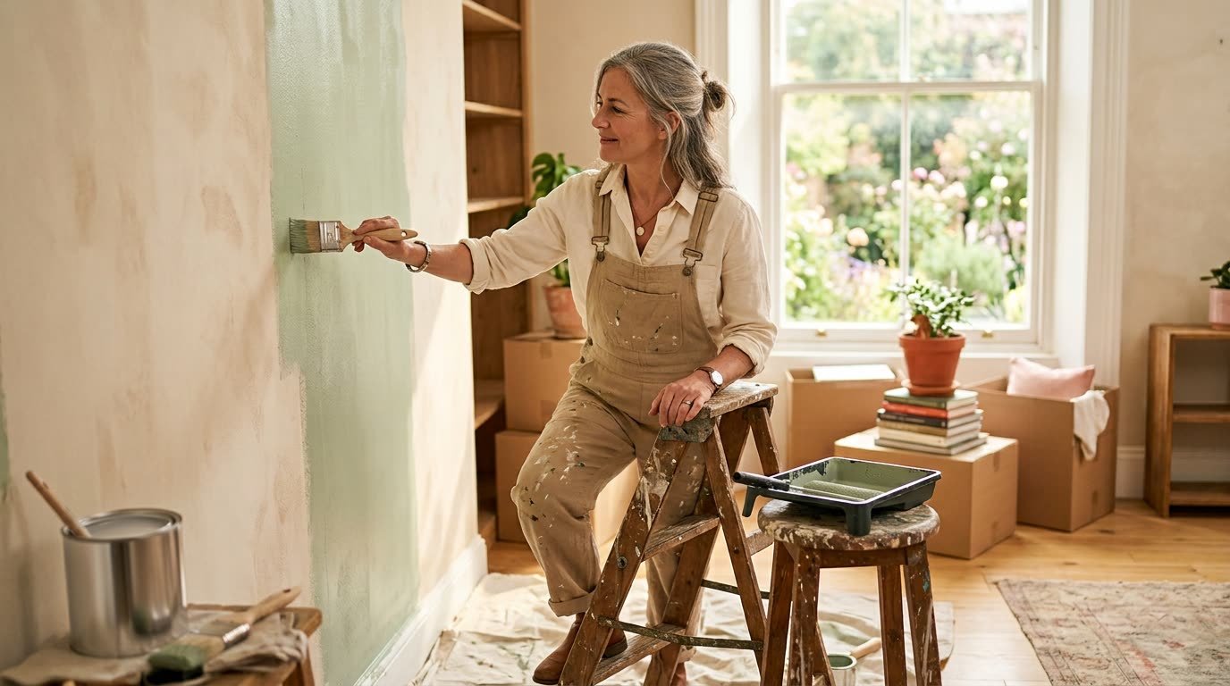 A woman painting a wall in her new home