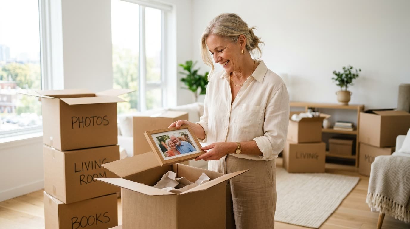 A woman unpacking boxes in a bright new apartment