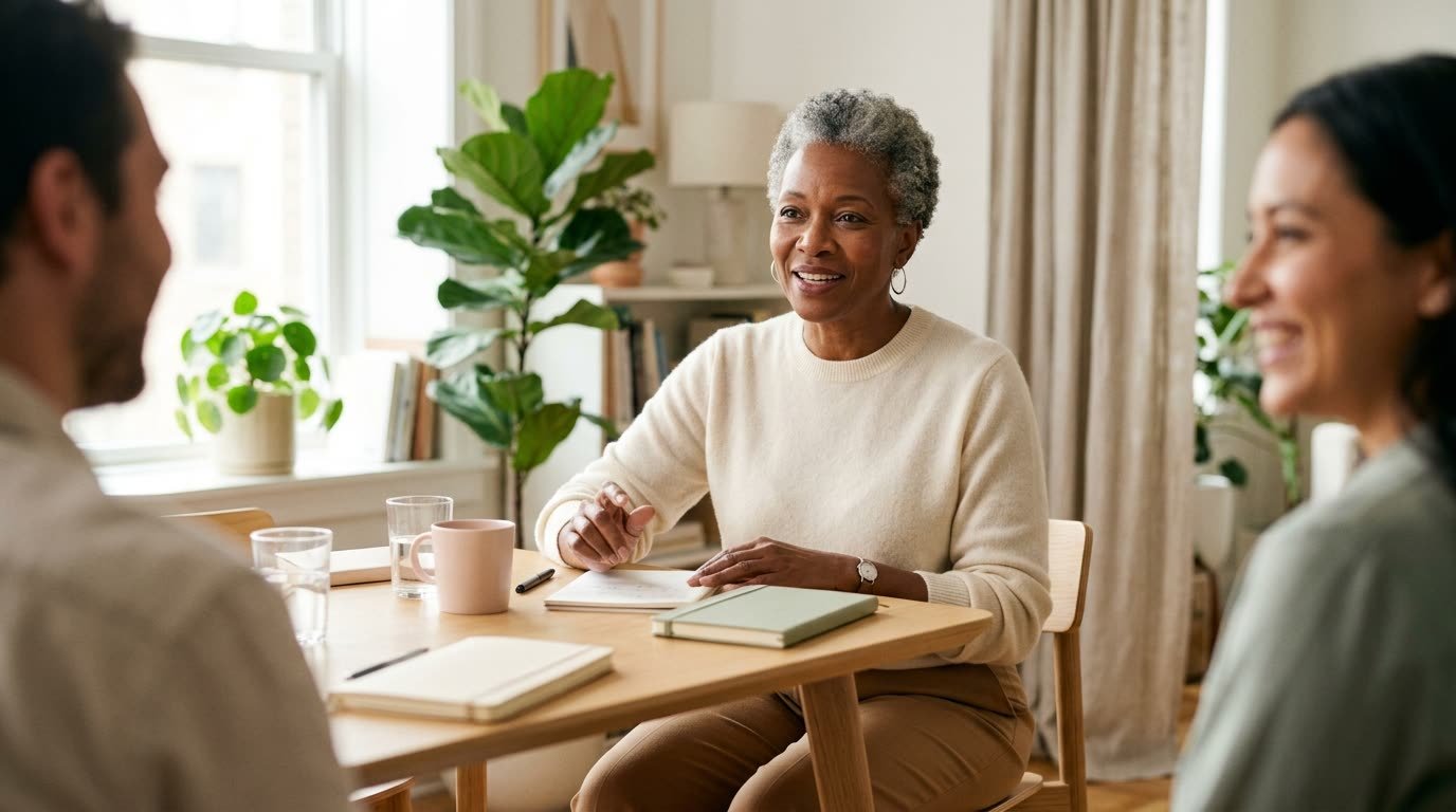 A woman in her fifties smiling at a work meeting
