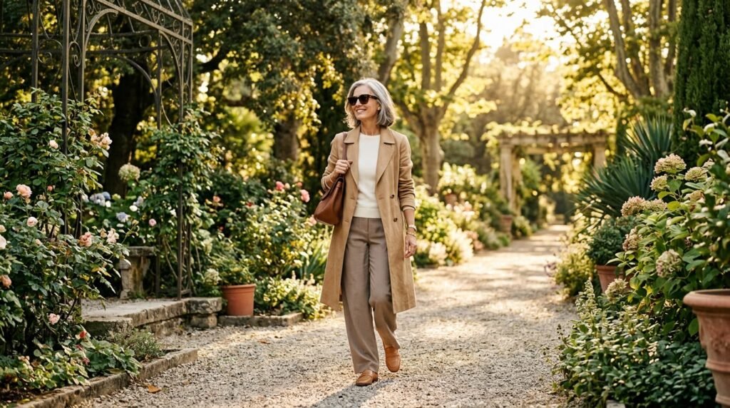 A mature woman walking through a sunlit garden