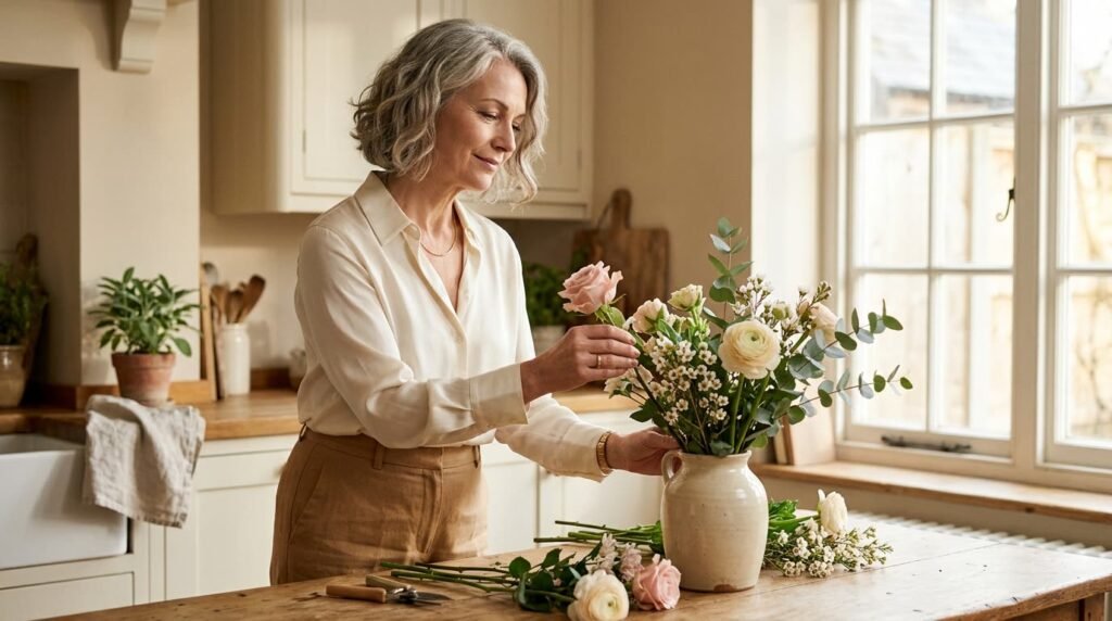 A woman calmly arranging flowers at home