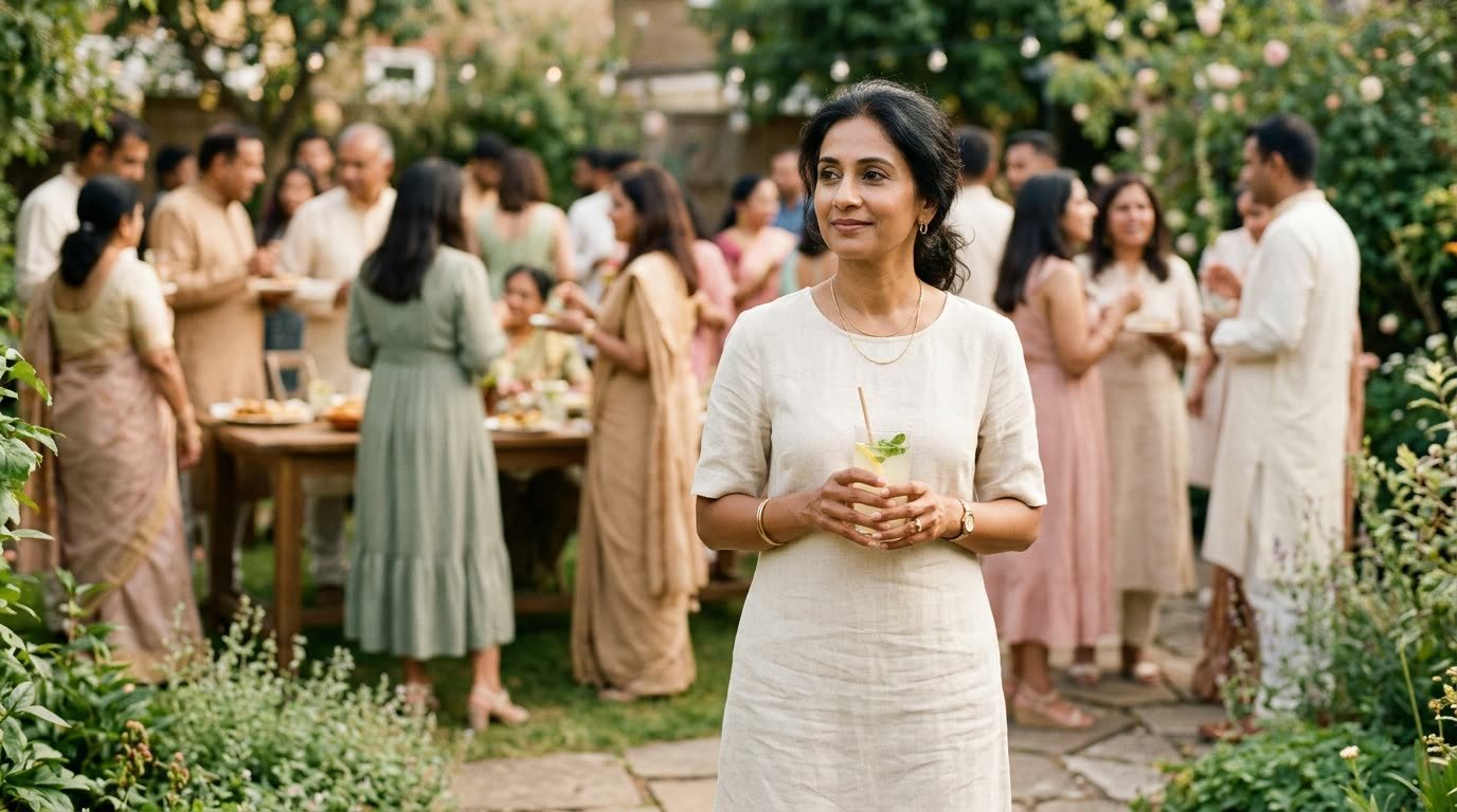 A woman standing calmly at a family garden party