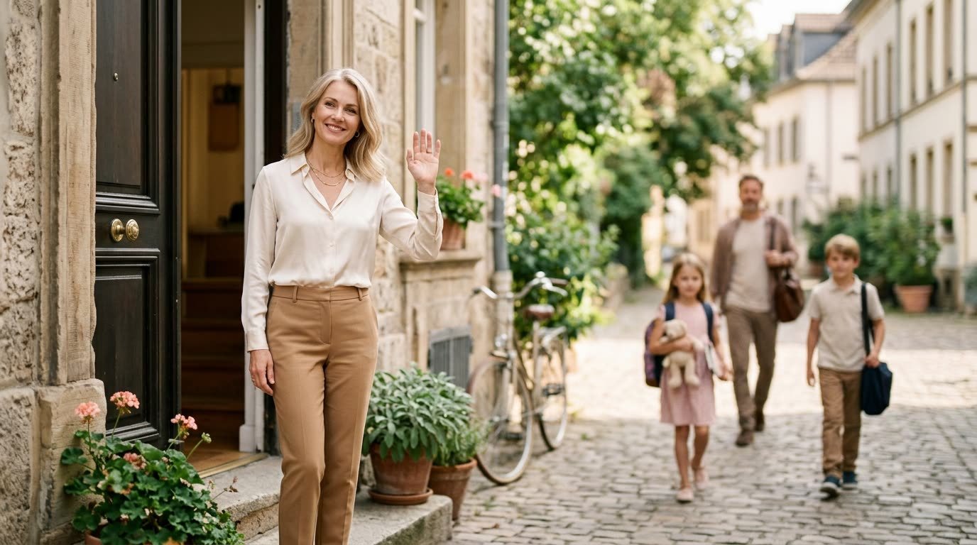 A mother waving as her children leave with their father