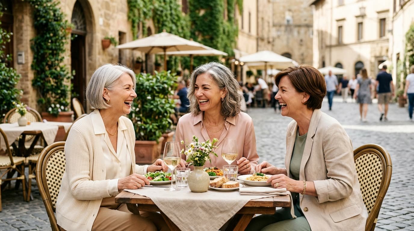 Three women laughing together over lunch