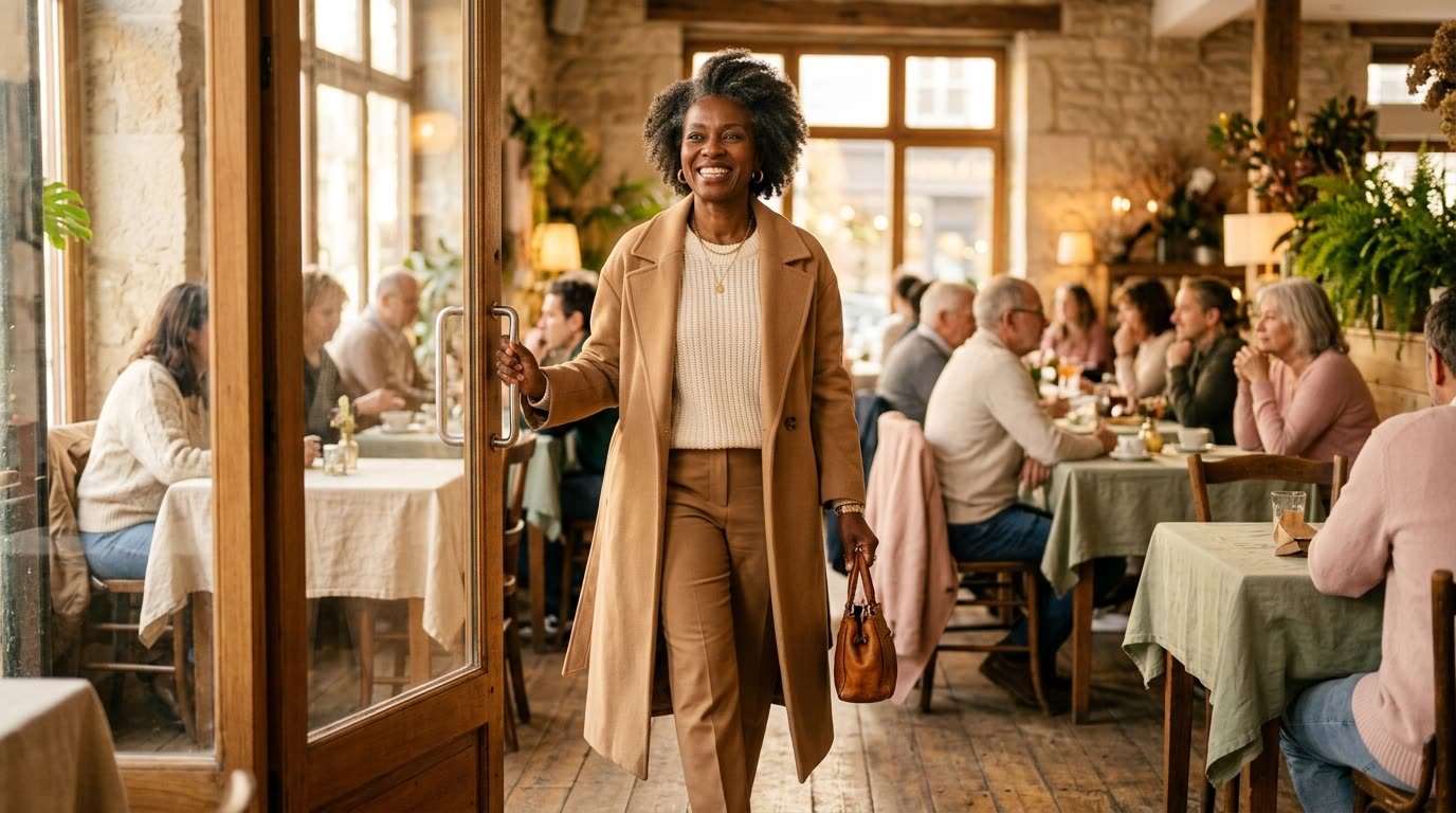 A woman walking confidently into a café