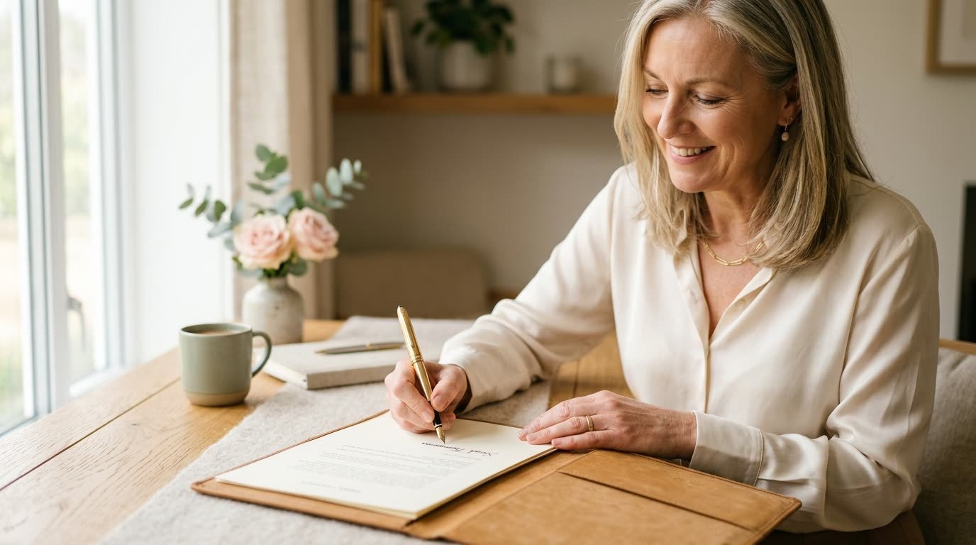 A woman writing at a bright desk