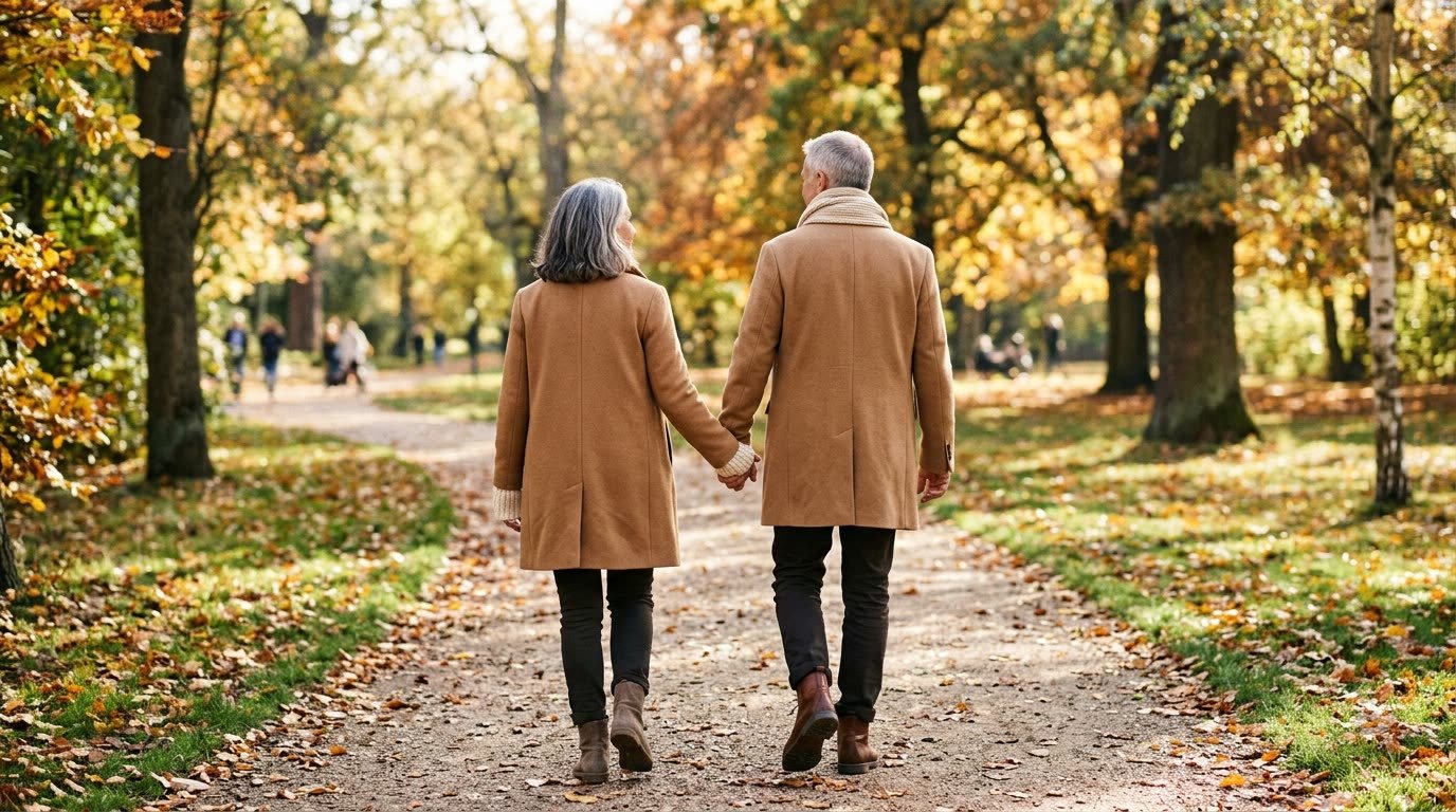 A couple walking hand in hand through an autumn park
