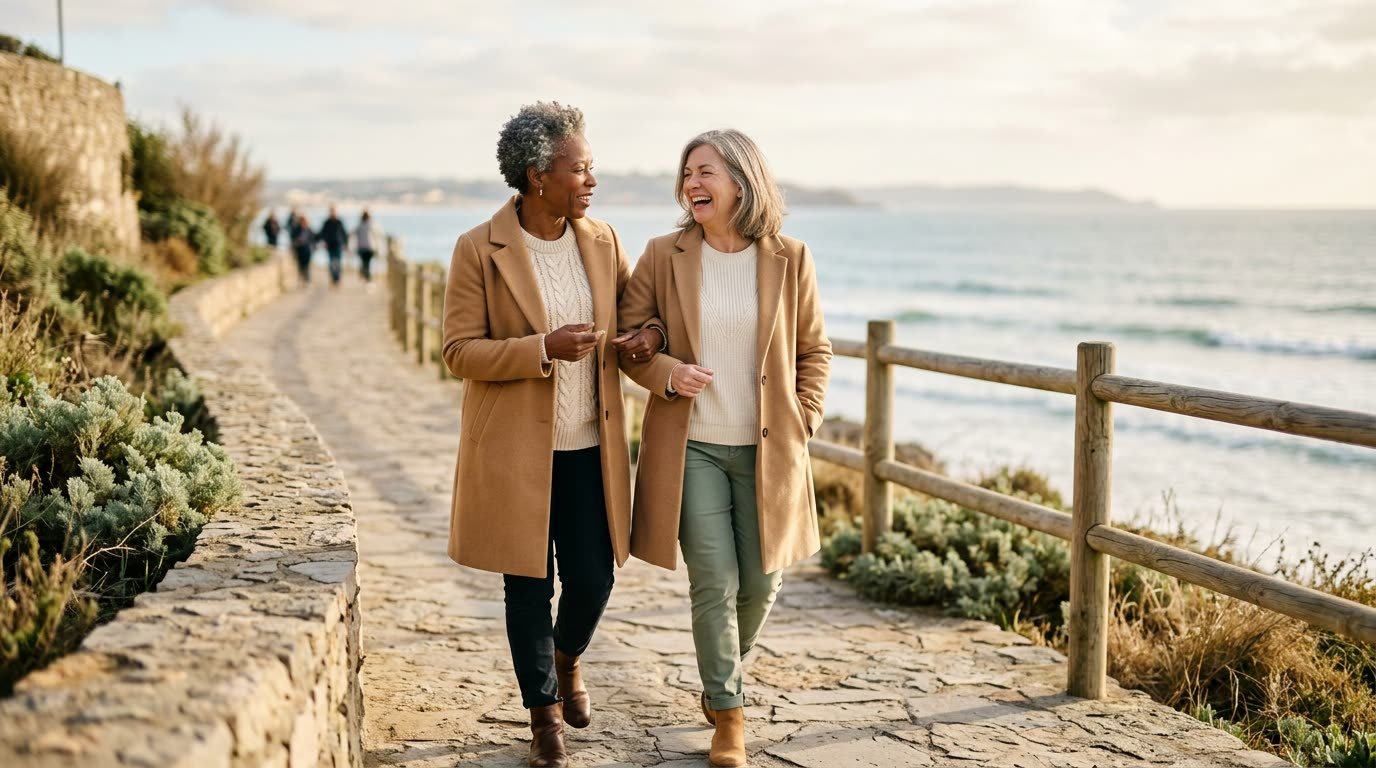Two friends walking along a seaside path