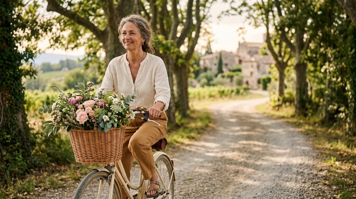 A woman cycling down a country lane with flowers in her basket