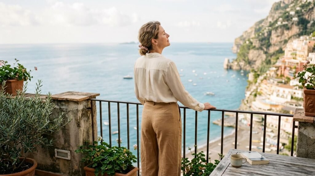 A woman looking out to sea from a sunny terrace
