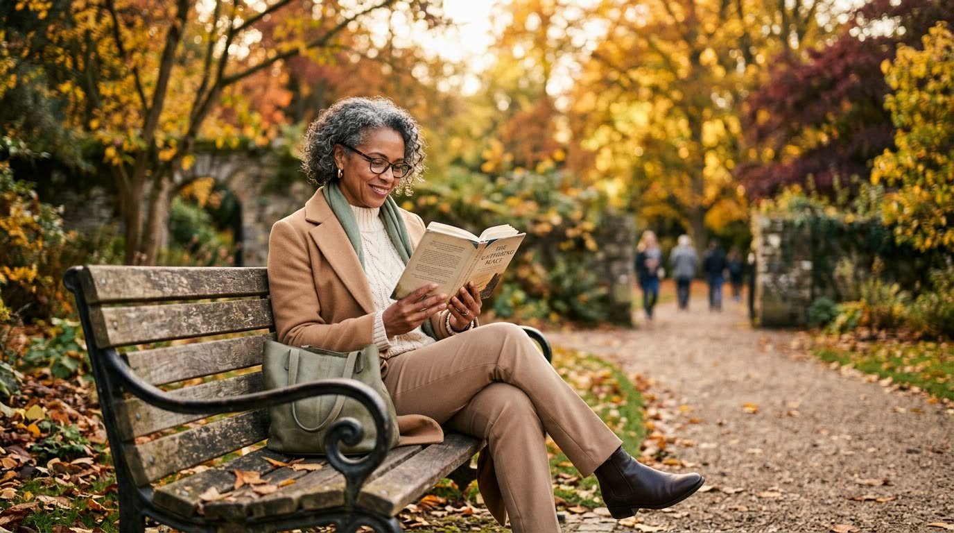 A woman reading on a park bench in autumn