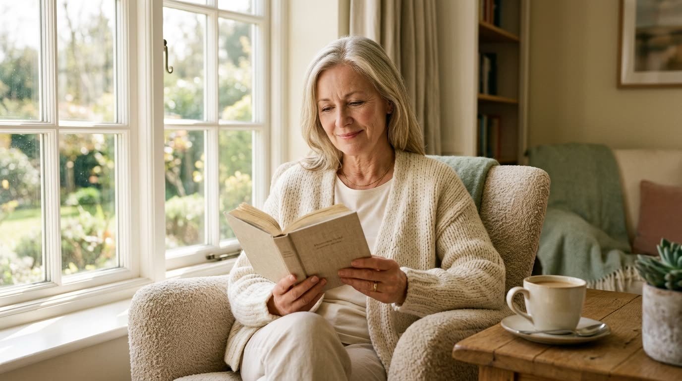 A woman reading quietly in an armchair by the window