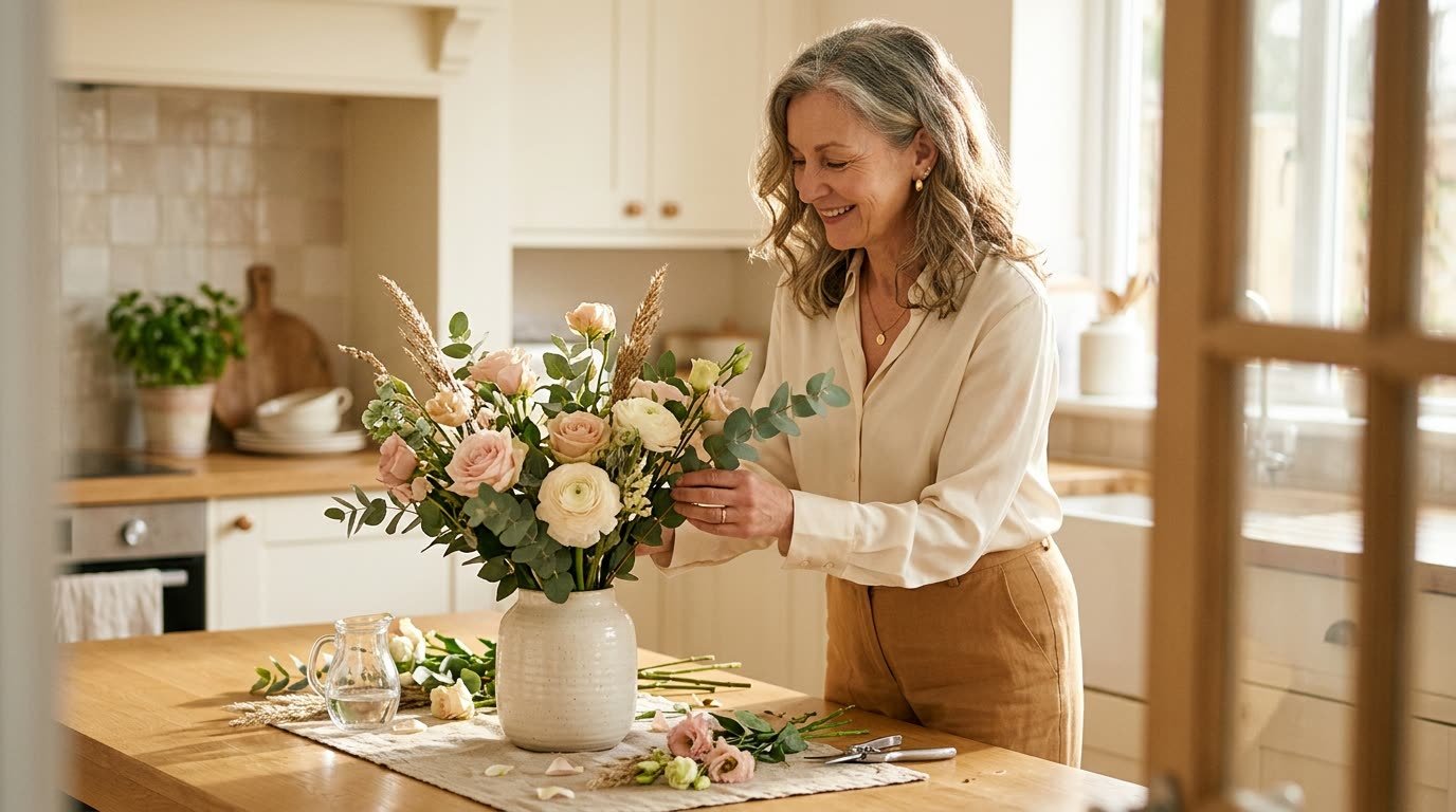 A woman arranging fresh flowers in her kitchen