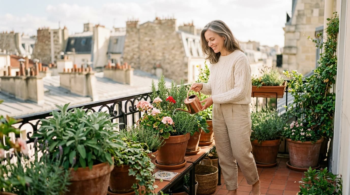 A woman watering plants on a sunny balcony