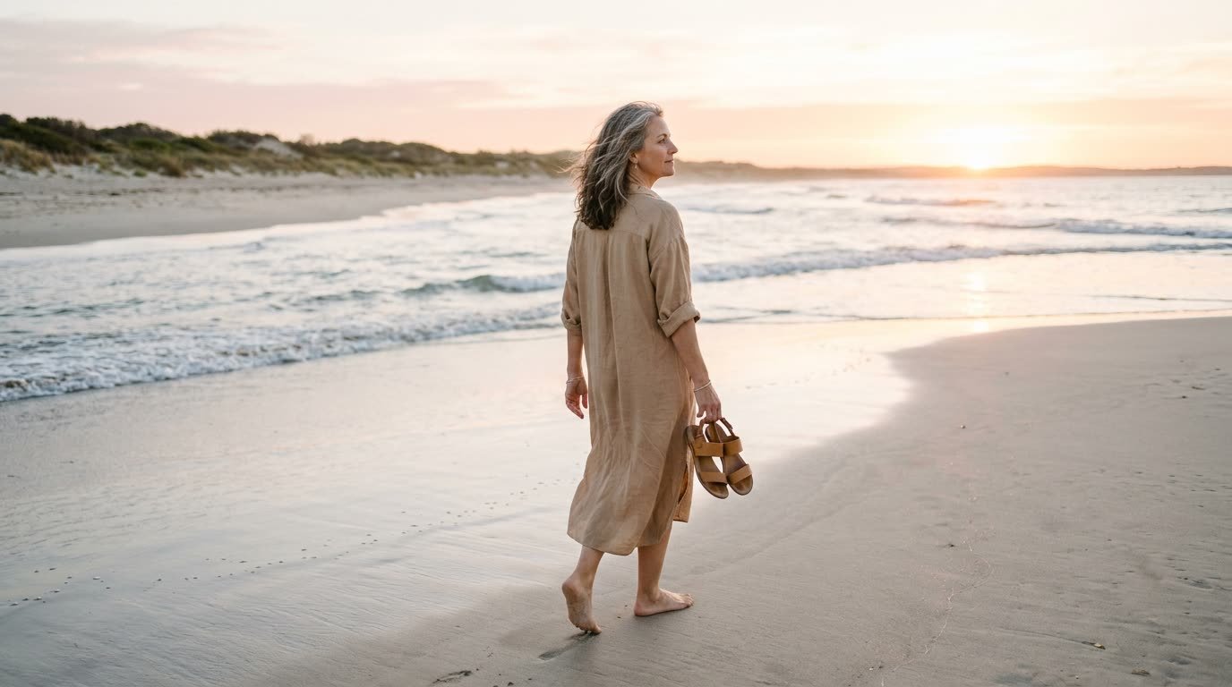 A woman walking barefoot along the beach at sunrise