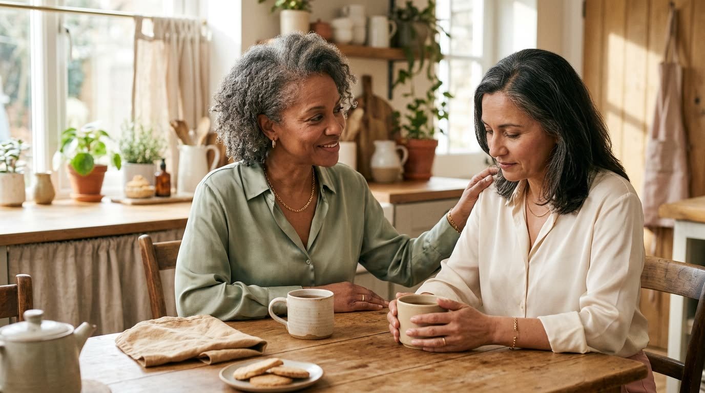 A woman comforting her friend over tea