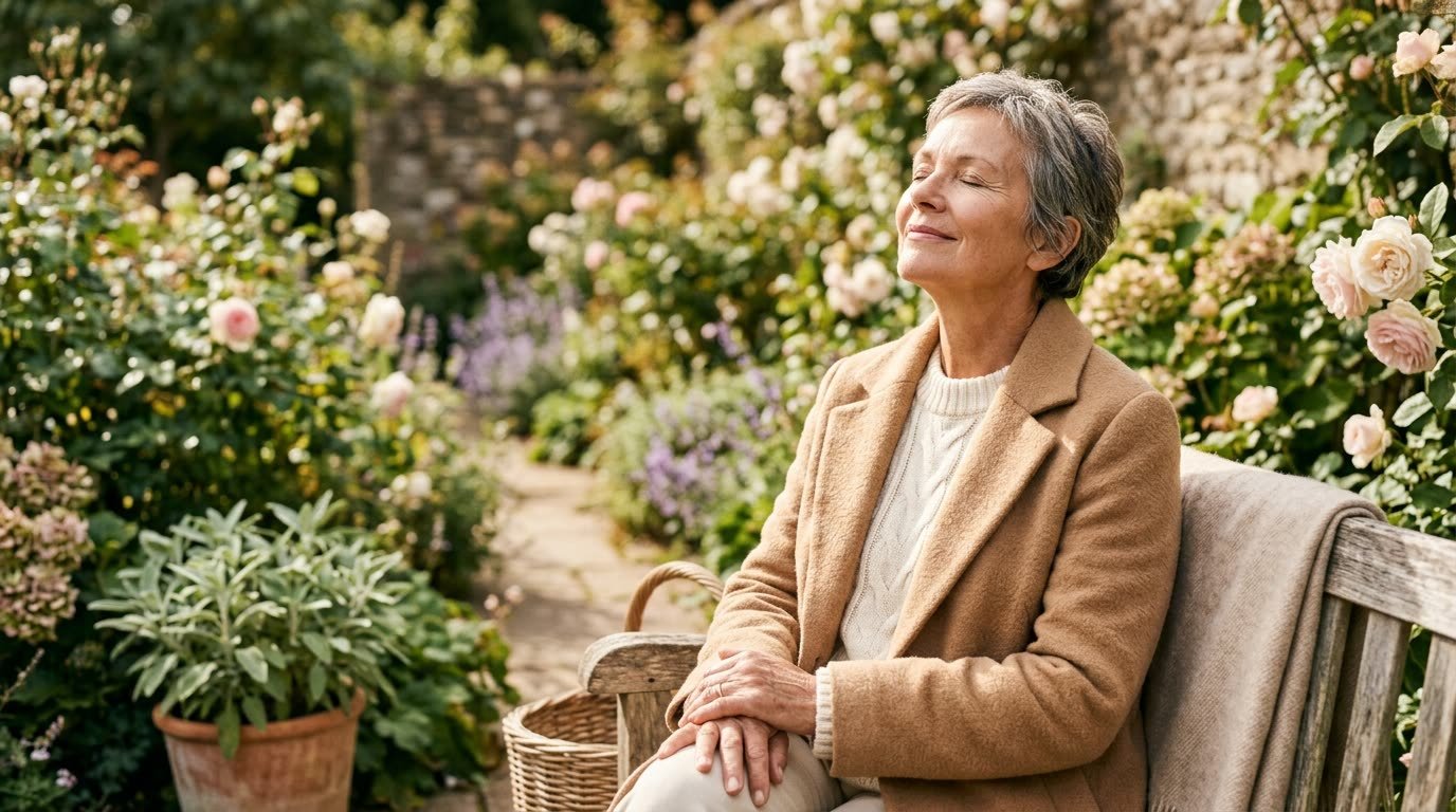 A woman sitting peacefully in a sunlit garden