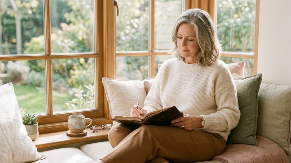 A woman writing in her journal by a sunny window