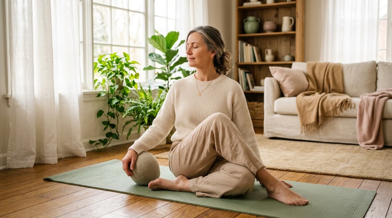 A woman doing gentle yoga in a bright living room