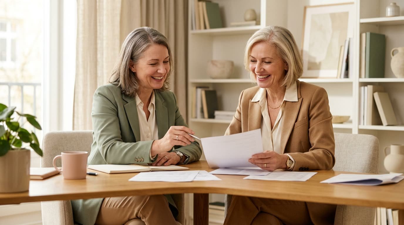 Two women reviewing financial papers together