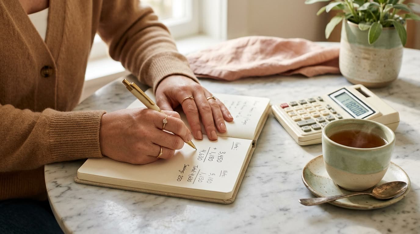 Hands writing figures in a notebook beside a calculator and tea