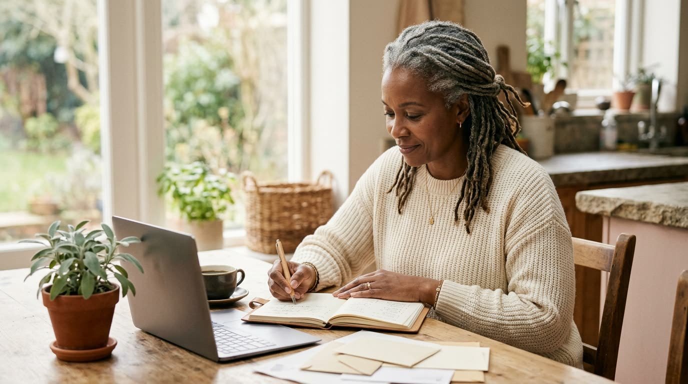 A woman planning at her laptop with a notebook