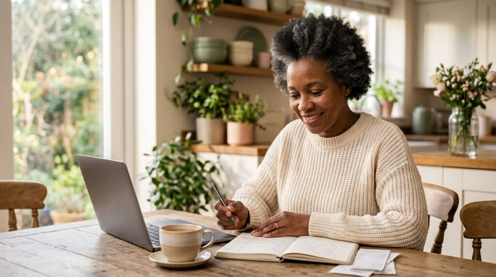 A woman calmly organising her finances at her kitchen table