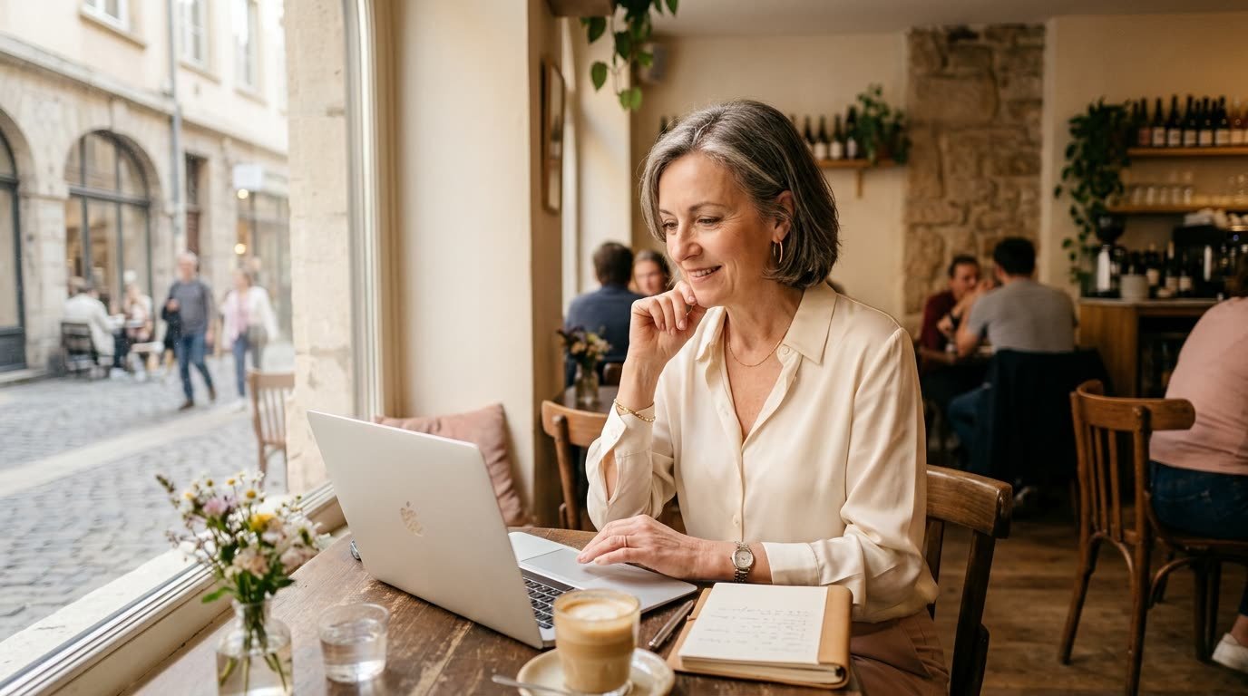 A woman working on her laptop in a sunny café